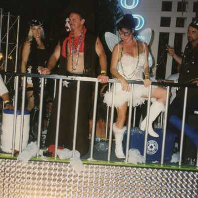 Unknown people on a float in the parade.