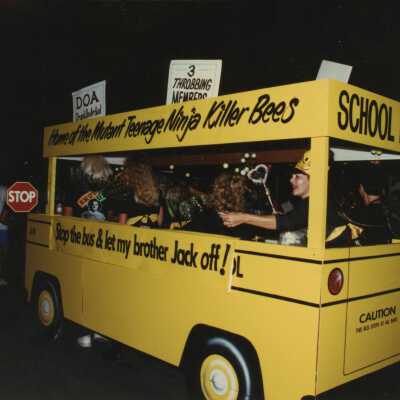 A float in the parade. It reads ninja killer bees.