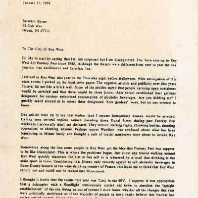 A letter to  the City of Key West from Brendan Byrne.