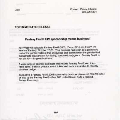 Fantasy Fest sponsorship press release.