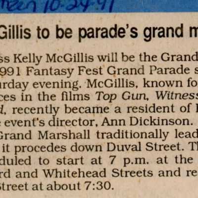 An article in the Key West Citizen that reads McGill is to be parade's grand marshal.