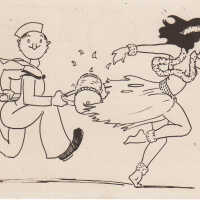 Cartoon of a sailor chasing a hula girl with a lawnmower