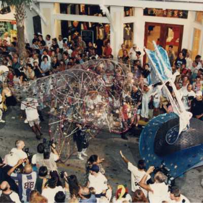 Unknown person dressed up in a costume in the parade.