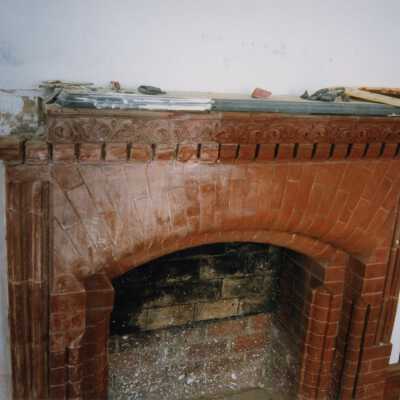 A fireplace.