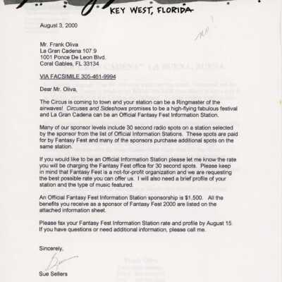 A letter to Frank Oliva from 107.9 from Sue Sellers about radio time.
