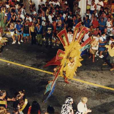 Unknown person dressed up walking in the street for the parade.