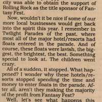 An article in the Key West Citizen about Fantasy Fest that reads Parade needs local floats.