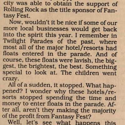 An article in the Key West Citizen about Fantasy Fest that reads Parade needs local floats.