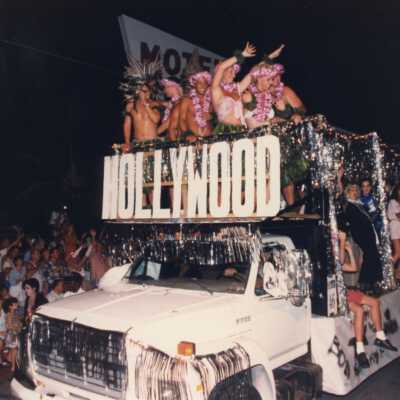 A float in the parade that reads Hollywood on the front.