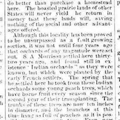 cr1871091603SaugatuckDouglasDescription.jpg: reprint from Douglas Free Press,  population 1500, 7 stores, 2 hotels, two churches, 2 union schools, sawmills and machine shops, stave factory, sash factory, three tanneries. Six fishing establishments bringing in 375 tons of white fish and trout. Text promoting investing in fruit growing, account of S.A. Morrison transplanting peach trees from the Indian orchards. T.F. Kleeman wine grower of 400 pounds of Burgundy grapes and how he prepares the soil. 1867 M.B. Williams fruit farm. Fruit harvest statistics. Signed J.B.