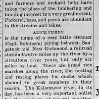          cr1883081004MrsBrownLetterforKitLane2-1.jpg; Description of sailing up Kalamazoo River, Alice Purdy steamer captained by Robinson, C.M. Cook Saugatuck postmaster,
   