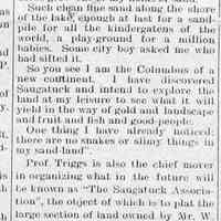          cr1905092201BoomingSaugatuck.jpg; Reprint from Sept. issue of Triggs Magazine published by Prof. Oscar L. Triggs of Northwestern Magazine. A land shaped by the caprice of wind. Organized Saugatuck Association to plat W.S. Harbert's land as an educational and industrial center for a Chautaqua-type summer camp. 1905 letter from Harbert inviting Triggs to review the land 