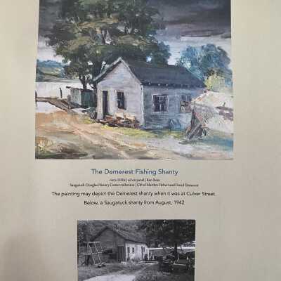 The Demerest Shanty ca.1930s - oil on panel by Ken Bore
The painting may depict the Demerest shanty when it was at Culver Street. Black and white photo is Saugatuck Shanty from August 1942
(p.101)