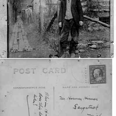 89-1-29 Pin.Bird.jpg 495MB: Real photo postcard of a man standing at the corner of a fence next to a rustic  wood plank walkway. The card is addressed to Mr. Herman Hirner of Saugatuck with the message, "Who in  ---- does this look like?" Postmark 19??