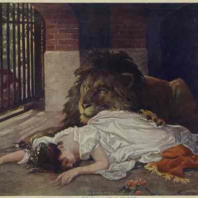 Color print after "The Lion's Bride" (1908) by Gabriel von Max: Printed on border: "Painted by Gabriel Max." "[S]upplement to New York Sunday American, Jan. 26, 1908."
https://digitalcollections.nypl.org/items/510d47e1-1152-a3d9-e040-e00a18064a99

A black-and-white etching of this same image is at:
https://www.gettyimages.com/detail/illustration/the-lions-bride-painting-by-gabriel-von-max-royalty-free-illustration/1490714396