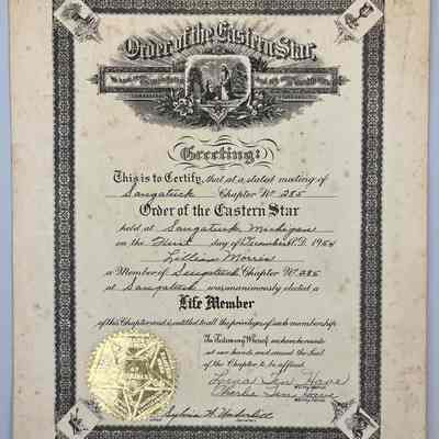 Order of the Eastern Star Life Member Certificate for Lillian Morris, 1954, Saugatuck Chapter 285