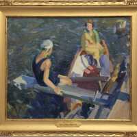          Oil painting of two women on the water
   