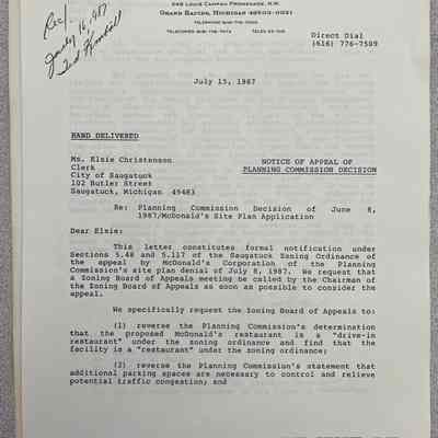 McDonalds Zoning Appeal Letter