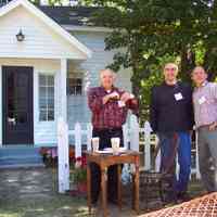          100_1461-WadeCottage2003.JPG 991KB; CD 10: Ken Carls, Larry Dark and James Schmiechen docent volunteers at Wade Cottage, 2003 Heritage Homes Tour
   