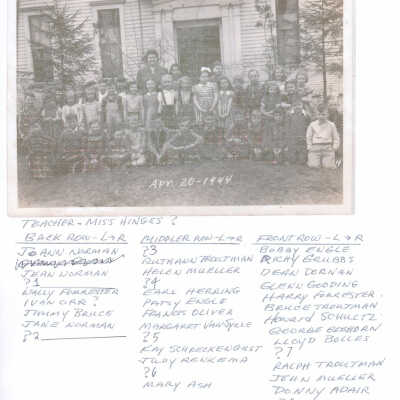 DouglasUnionSchoolClass1944-ID2.jpg 567KB: Teacher, Miss Hinges (?) -- BACK row (left to right): Joann Norman, Jean Norman, unknown child 1, Wally Forrester, Ivan Orr (?), Jimmy Bruce, Jane Norman, unknown child 2
MIDDLE row: unknown child 3, Ruthann Troutman, Helen Mueller, unknown child 4, Earl Herring, Patsy Engle, Francis Oliver, Margaret VanSycle, unknown child 5, Kay Schreckengust, Judy Renkema, unknown child 6, Mary Ash
FRONT row: Bobby Engle, Ricky Grubbs, Dean Dornan, Glenn Gooding, Harry Forrester, Bruce Troutman, Howard Schultz, George Goshorn, Lloyd Bolles, unknown child 7, Ralph Troutman, John Mueller, Donny Adair, unknown child 8