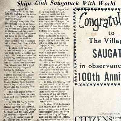 Ships Link Saugatuck With World part 1: O.R. Johnson, Francis C. Stockbridge, Lintsford B. Coates, Ira Chaffee, Fred May, George Dutcher, G.P. Heath, A.C. McMillan shipyards, George P. Heath, R.T. Rogers, C.E. Bird, A.B. Taylor, Pilgrim, Bon Voyage, Bon Ami, Wilson line, John A. Aliber, Anna C. Wilson, Graham and Morton line, City of Saugatuck, City of Holland.