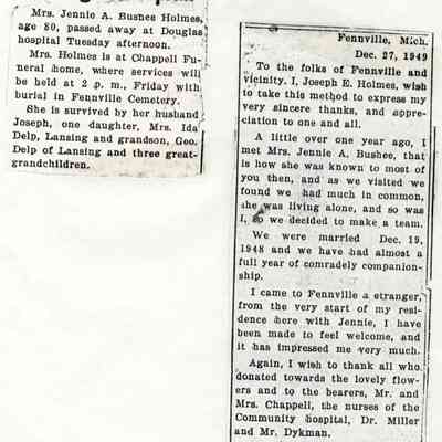 EnsObits-Holmes-JeannieBushee.JPG: Jennie A. Bushee Holmes, Joseph E. Holmes