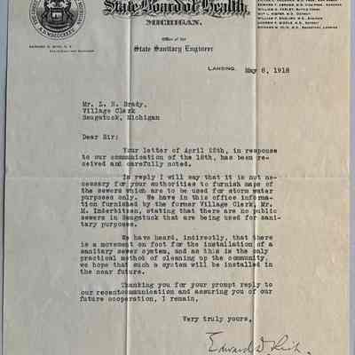 D. 1918 letter from State Sanitary Engineer requesting Village Clerk L.R. Brady to provide sewage system maps.