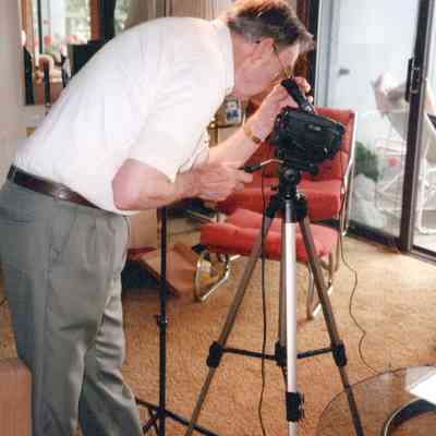 Videographer William "Bill" Manifold preparing for Eleanor Ericson oral interview, 1997.: Stube77 Eleanor Ericson Interview in Saugatuck _97.jpg 5.1MN