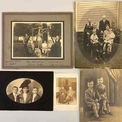 Five photos fronts: People on swing, 1911, Mr. & Mrs. Shaver, Mr. & Mrs. Comstock, Miss Stella Adams, Russell Frehse, Mrs. H.A. Morris

Family on bench, written on back: Great Grandpa and Grandma Sterling, Grandma Morris 1872, Russell Frehse father 1892, Charles Frehse brother 1918, William Frehse 1920

Lillian and her boys (Mrs. H. Frehse and sons Russell and Charles, Michigan City, Indiana, 1902)

Old world couple "Quintus - G'ma Sauers Mom & Dad Approx. 1900

Russell and Charles Freshe