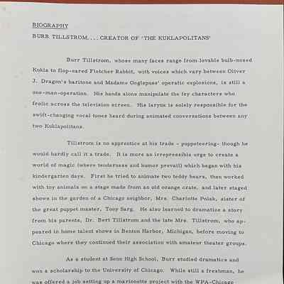 Burr Tillstrom publicity materials