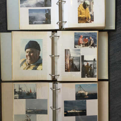 Sample pages from the Eichler albums.: The albums were donated to the archives of the Michigan Maritime Museum in South Haven in 2021. Many photos of colleagues, other vessels, office parties and sunsets.