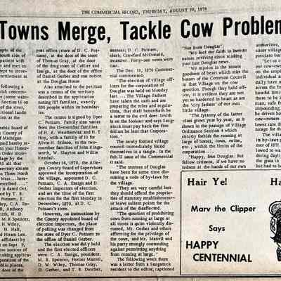 page 4: Towns Merge, Tackle Cow Problem - about the establishment of the Village of Douglas and rules to limit the free roaming of cows