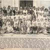          page 14 detail; Douglas school students and teachers sometime in the early 1930s - Douglas school students and their teachers pose on the front steps of the school sometime in the early 1930's. They are (left to right: First row, Kenneth Monique, Douglas Derks, Andy Jager, Edwin Cobb, Delbert Audette, Carl Wicks, Ben Fisch, Buren Osterberg, Jack Campbell, Corneil Derks, Harold Beery; second row, Robert Wicks, Lucille Osterberg, Margaret Bekken, Claude Perry, Kathryn Jane Van Syckle, Ruth Jean Whipple, Jean Campbell, ?, Florence Monique, Alice Whipple, Gwendolyn Plummer, a Godfrey girl, Marjorie Atwater, Willard Beery; third row, Harold Gibson, Bessie Beery, Josephine Monique, Florence Ekdahl, Kathryn Bekken, Emma Atwater, Alice Baker, Cora May Baker, Marie Palmer, June Derks, Frances Ekdahl, , Ethel Ekdahl, Ethel May Atvater; row four, Gordon Durham, Jack Cobb, Max Campbell, Ev Bekken, Walter Baker, Edward Bekken, Pauline Leonard, Lawrence Welch (hidden), Bill Godfrey, Florence Perry, Gertrude Acton, Mildred Bekken, Glenn Palm, Florence Bekken, Donald Acton, Audrey Audette, Doris Atwater, and teacher Mrs. Helen Kitchen. In rear near the left side are teachers Mary Hans and Mrs. Flora Drought (Photo courtesy Mrs. G. Edward Wark)
   