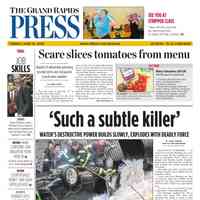          Grand Rapids Press, 10 June 2008; ‘Such a subtle killer’
WATER’S DESTRUCTIVE POWER BUILDS SLOWLY, EXPLODES WITH DEADLY FORCE
Rescue struggle: Saugatuck Township Fire District personnel [pictured Scott Seymour, unknown, Erik Kirchert, Greg Janik, Mark Gargano] work to get into the car that fell into a ravine created by flash flooding. The rushing water washed out a section of Lakeshore Drive south of Douglas and claimed two lives.
Darkness, rushing water hampered search for car, recovery of bodies
   