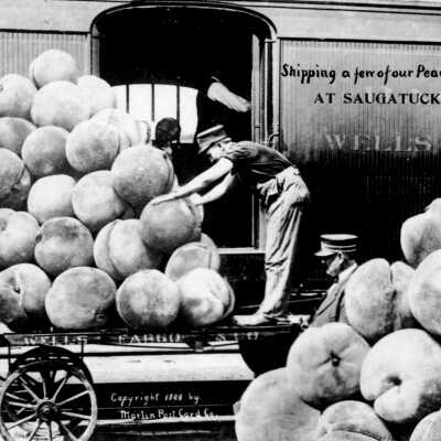 Larger-than-life peaches on loading platform. Gag postcards were quite common: ShippingPeachesPostcard-1909