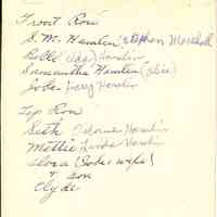          4b. Stephen Marshall Hamlin family 1895 - backside.jpg 263KB; Front row - S.M. Hamlin or Stephan Marshall Hamlin, Belle (Ida) Hamlin, Sammantha Hamlin (Alice), Jobe Harry Hamlin. Top row - Seth Osborne Hamlin, Mettie Linda Hamlin, Ilora (Jobe's wife) & son, Clyde
   