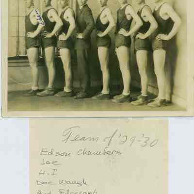 Basketball_team_29-30.jpg 1.3MB: Digital image from Jane Van Dis collection  - Digital file on Jack Sheridan Drive 2021.72.02 - Edson Chambers, Joe, H.I. Doc Waugh, Bud Edgecomb, Don Bird, George Sheridan, Heath Crow