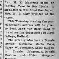          cr1955060301-7seniorsgraduate.jpg; 1955 - Bonne Barron, Michaele Marla Boos, Harry W. Forrester, Arkle E. Good, Connle
Johnson, A. Donald Kuehne and Helen Margaret Mueller.
   