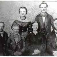          Jacob Fox Family, about 1855.; Standing: Mary Ann Fox, Peter N. Fox, 
Front row: Boy standing is Jacob Fox Jr.. Sitting: James P. Fox, Loretta Schug Fox, Jacob Fox
   