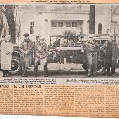 fire engine 1927.jpg 5MB: Saugatuck's New Fire Truck (1927) - Displaying obvious pride our heroes of yesteryear's fires stand proudly beside the village's new fire truck, purchased in 1927. Left to right we see Ross Phelps, Junior Edgcomb,' Morgan Edgcomb (the Chief), Fritz Walz, Dany Damoth,
Dick Newnham, Jack Williams, Bob Robinson, and Frank Wicks.
Photo Courtesy Bill Wilson
