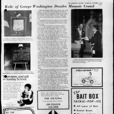 cr1976100709MasonicApron.jpg 4.4MB: Relic of George Washington Dazzles Masonic Crowd, THE COMMERCIAL RECORD, THURSDAY, OCTOBER 7, 1976
What some people called "the Masonic party of the century", in which the Grand Lodge of the State of Michigan honored the Saugatuck Lodge and the Saugatuck Lodge in turn surprised the Grand Lodge with a relic from the Masonic days of George Washington, was held Saturday with about 165 people in attendance.
The program was one of 13 planned by the Saugatuck Lodge for its centennial and the nation's bicentennial, and it also celebrated the 150th year of the Grand Lodge.
After dinner served by the Saugatuck-Douglas O.E.S., Most Worshipful Grand Master Vincent A.
Vatter presented the Saugatuck Lodge with a large metal plaque of re-consecration, citing the excellence of the lodge's programs throughout the year.
This is the first time the Grand Lodge has so honored a Blue Lodge. The Grand Lodge held a service of re-consecration and Ted Kimball gave the lodge's response. The Saugatuck High School Band, directed by Lathrop Morse, played three numbers.