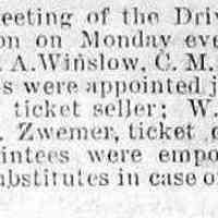          cr188507301z.jpg; Driving Park Association appoints F.A. Winslow, C.M. Cook, C.E. Wells, J.F. Henry, W.B. Griffin, A.C. Zwemer
   