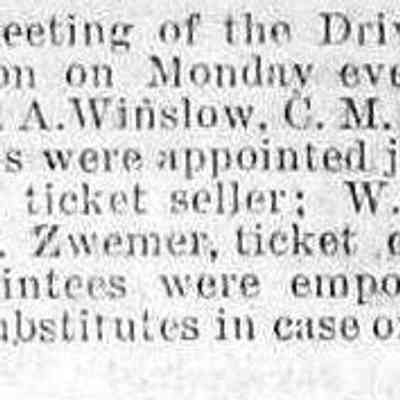 cr188507301z.jpg: Driving Park Association appoints F.A. Winslow, C.M. Cook, C.E. Wells, J.F. Henry, W.B. Griffin, A.C. Zwemer