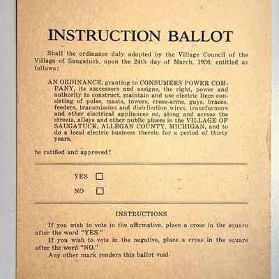blank instructional ballot for 1930 ordinance granting Consumers Power Company a 30 year contract.