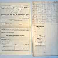          Application for Absent Voter's Ballot for General Election to be held on 6 Nov. 1928. One page has list of names, places and figures on the back. The names are George Durham, Maude Durham, Phin Repp, Elizabeth Schram, Mary Hans, Julius Spohm? Alice Wightman, William Wicks, and Lee Demerest.
   