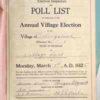          1925 Poll list page 1 - clerks Herman Hirner, Morgan Edgcomb, inspectors Ray Freeman, J.J. Brown, Ed J. Lybarker
   