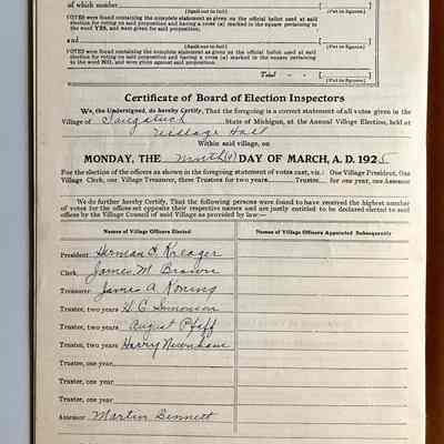 1925 Poll list - those elected include Herman E Kreager, James M. Brown, James A. Koning, H.G. Simonson, August Pfaff, Harry Newnham, Martin Bennett,
