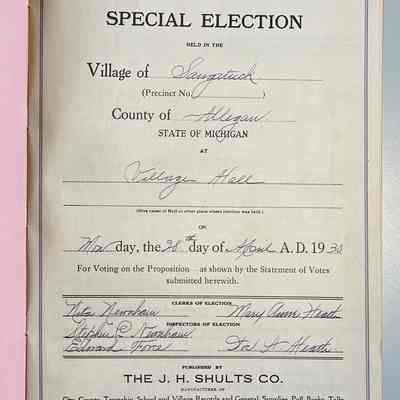 Special election statement of votes first page, Nita Newnham and Mary Anne Heath clerks, Stephen Newnham, Edward Force and Doc A. Heath inspectors