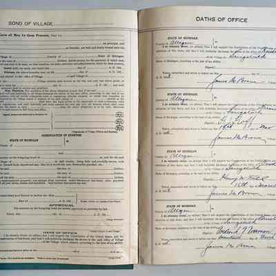Official Bonds and Oats of Office interior - James M. Brown elected president, H.J. Fluff treasurer, Henry W. Till trustee, Frederick Fursman trustee