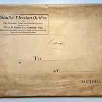          Shults' Election Outfits envelope that contained these materials from the J.H. Shults Co., Manistee, Mich.
   